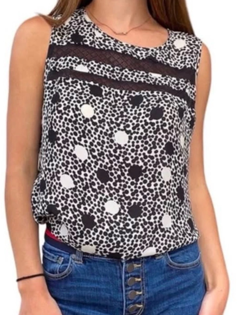 CAbi Jot Top #3079 Black & White Polka Dot Lace-Trim Sleeveless Tank Blouse XS